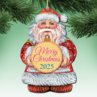 A Christmas ornament in the shape of Santa Claus, with a sign that says 