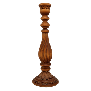 A wooden candlestick with a tall, slender design and a decorative base.