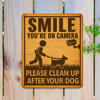 a wooden sign with a message about cleaning up after a dog, accompanied by a silhouette of a person walking a dog.