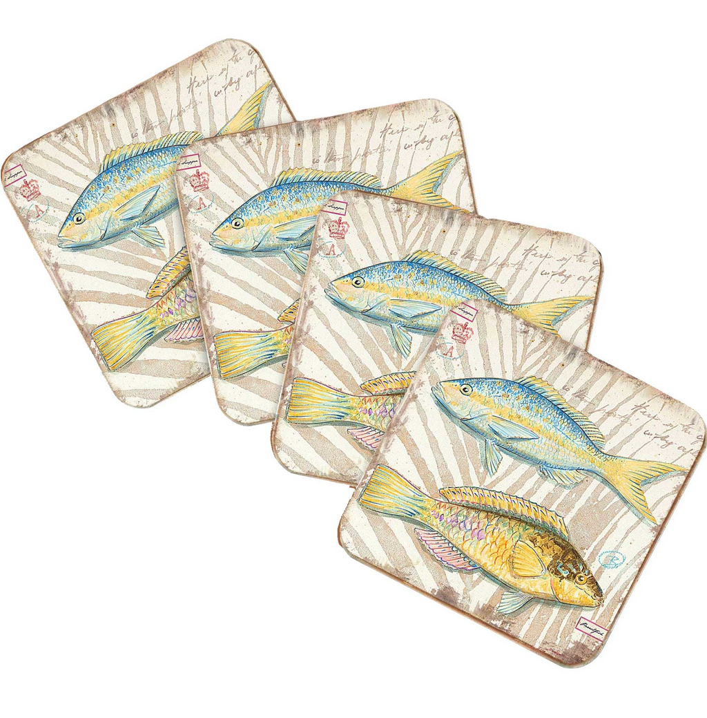 a collection of four coasters, each featuring a vibrant illustration of a fish. The coasters are arranged in a row, showcasing the artistic design and detail of the fish illustrations.
