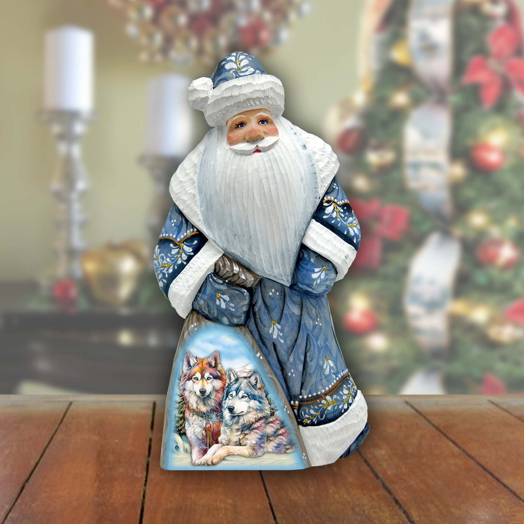 Winter Wolves Santa in Blue Hand-Painted WOODCARVED Masterpiece by G. DeBrekht - Christmas Decor - 8214824