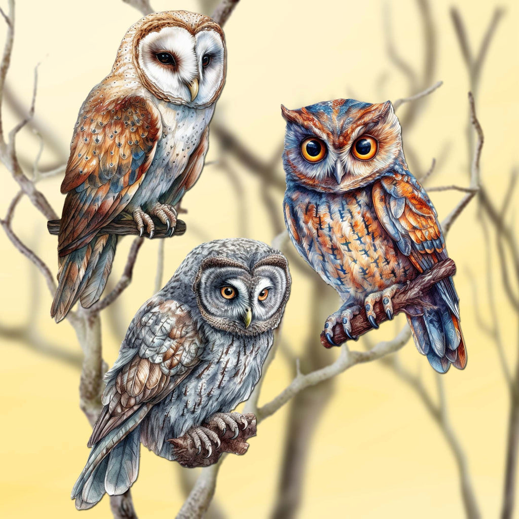 Night Owls Clip-On Eco Wood Decorative Ornaments Set of 3 by G. Debrekht - Wildlife Decor - 8091004C-S3