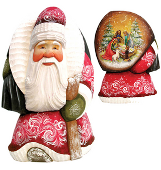 two Christmas-themed figurines, one of Santa Claus and the other of the Holy Family.