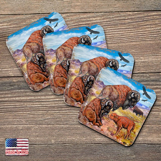 Buffalos Wooden Cork Coasters Gift Set of 4 by Nature Wonders - Nature Wildlife Decor  - 95217C-S4