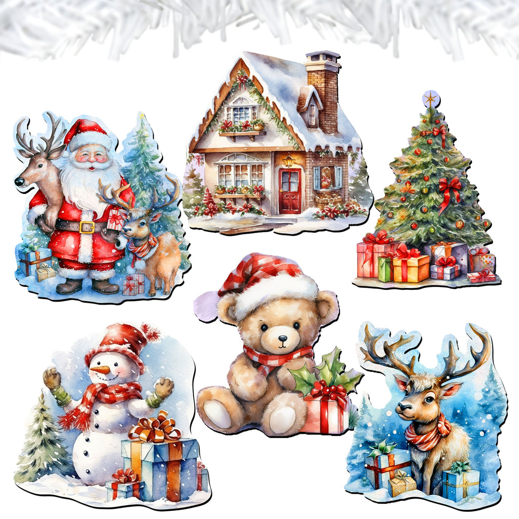 Christmas Is Here Clip-On Eco Wood Decorative Ornaments Set of 6 by G. Debrekht - Christmas Decor - 8090028C-S6