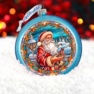 Santa's Red-feathered Friend Glass Ornament by G. DeBrekht - Christmas Santa Snowman Decor - 744-046