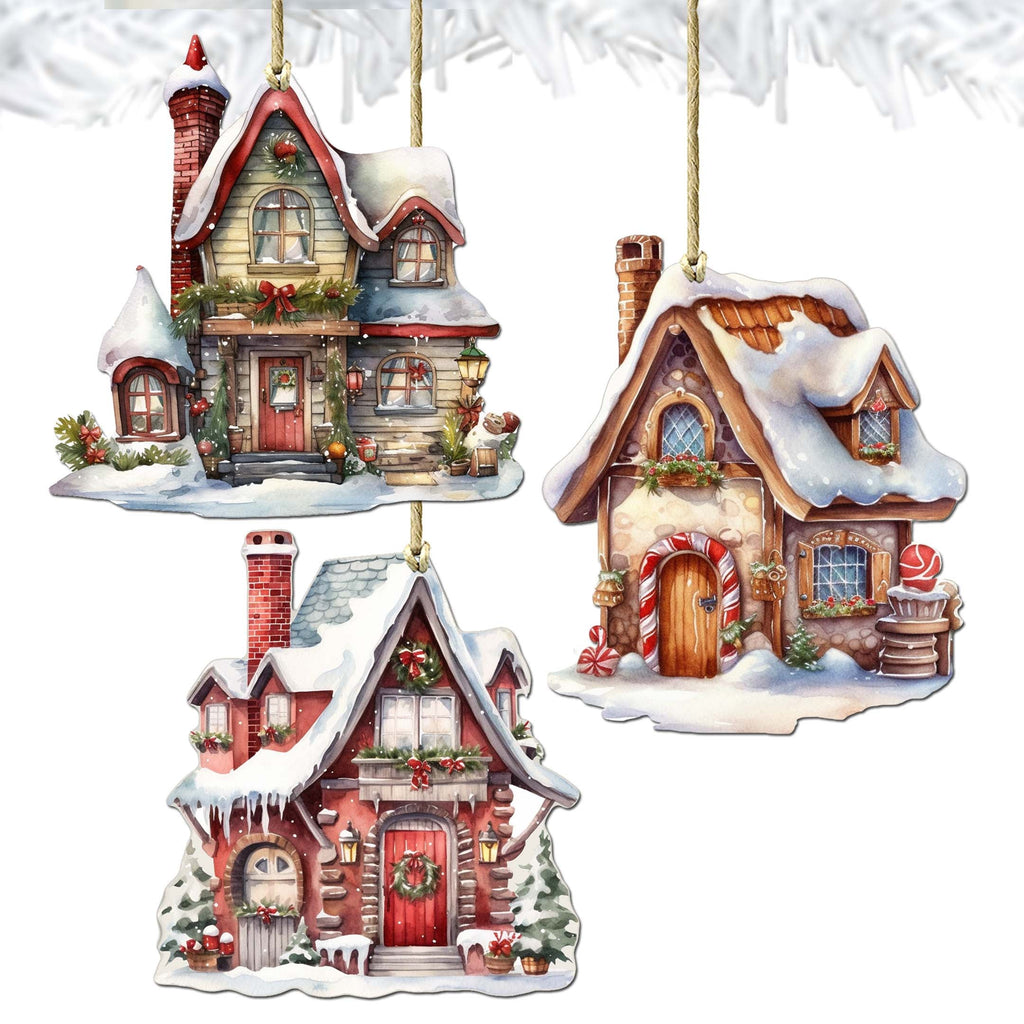 Christmas Houses Decorative Eco Wood Ornaments Set of 3 by G. Debrekht - Christmas Decor - 8091024-S3