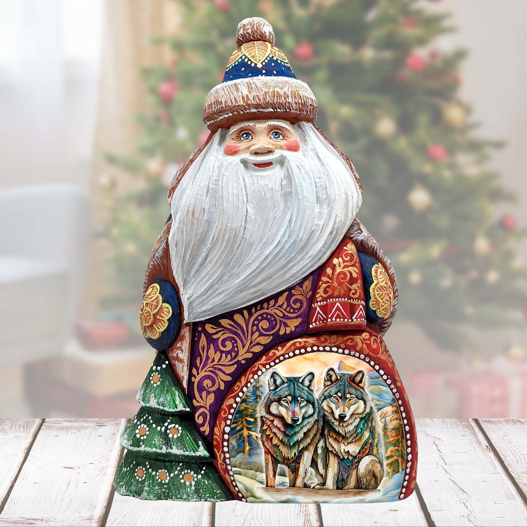 Enigmatic Wolves Santa Hand-Painted WOODCARVED Masterpiece Figurine by G. DeBrekht - Christmas Decor - 8206025