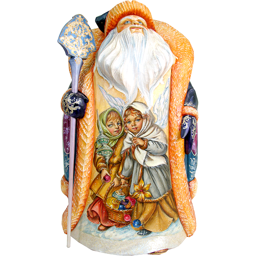 A colorful and detailed figurine depicting a religious figure, possibly Santa Claus, with a young girl in the foreground.