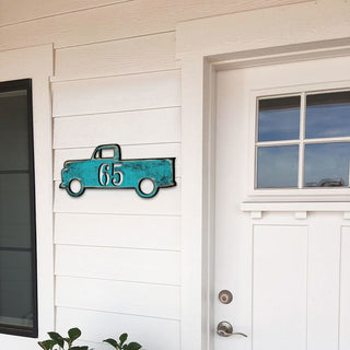 Pick Up Truck Wooden Personalized House Number Sign by G. Odebrecht - Love Family Kids Decor - Handcrafted Wooden Handcrafted Wooden Address Sign - MA98542