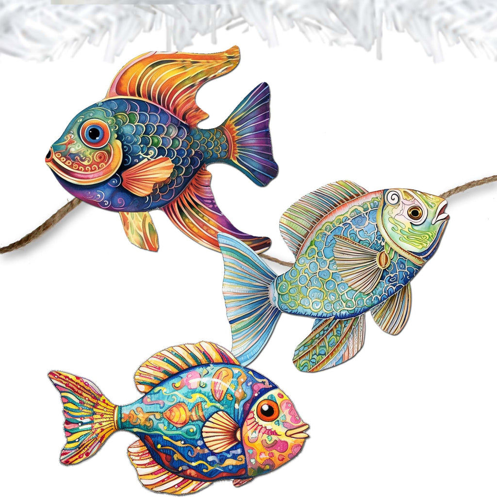 Coastal Fish Clip-On Eco Wood Decorative Ornaments Set of 3 by G. Debrekht - Coastal Decor - 8091034C-S3