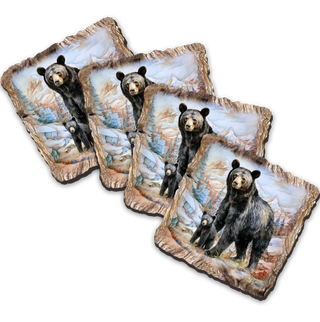 The image is a collage of four square images featuring black bears in various poses and settings, such as standing, walking, and interacting with their environment.