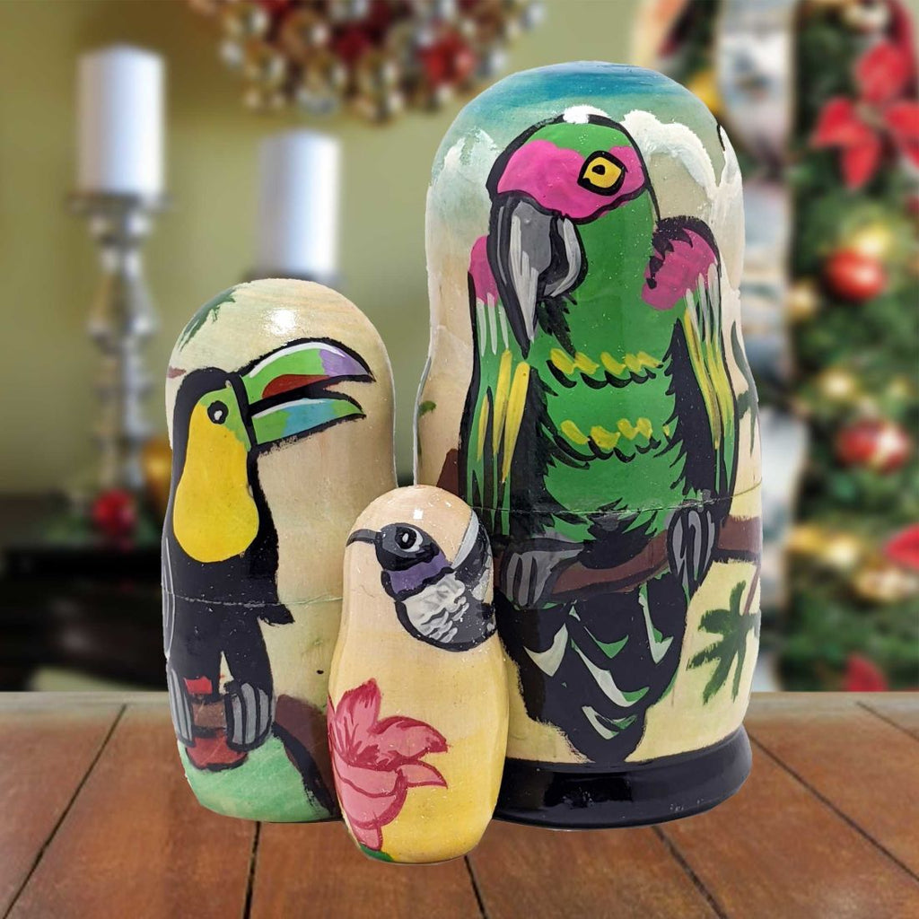 Parrot Matreshka Nesting Hand-Painted Doll Set of 3 by G. DeBrekht - Wildlife Holiday Decor - 14765