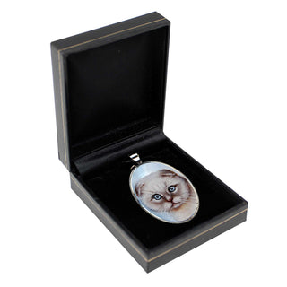 a pendant with a cat's face on it, displayed in a black jewelry box.