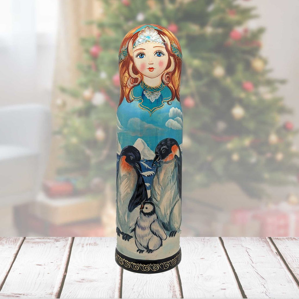 Penguins Hand-Painted Wooden Bottle Holder, Wine Box, Tall Gift Box by G. DeBrekht - Coastal Holiday Decor - 190812