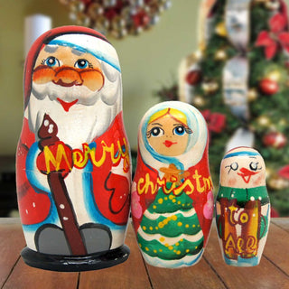 Merry Christmas Santa Family Matreshka Nesting Hand-Painted Dolls Set of 3 by G. DeBrekht - Christmas Santa Snowman Decor - 110161