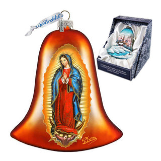 a bell ornament with a religious design, including a depiction of the Virgin Mary. The bell is displayed next to its packaging, which is a box with a lid.