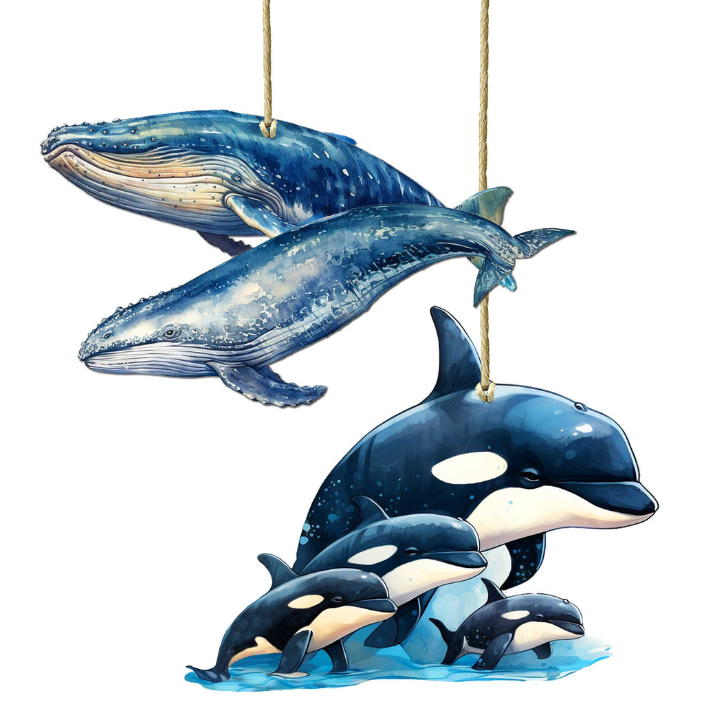 Alaskan Whale and Orca Eco Wood Ornaments Set of 2 by G. Debrekht - Wildlife Holiday Decor - 8091323S5