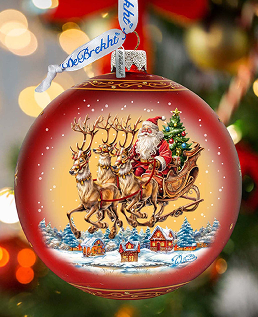 Santa on Sleigh Lg Glass Ornament by G.Debrekht - Christmas Santa Snowman Decor - 73938