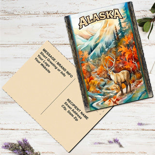 a postcard with a colorful illustration of a deer in a forest setting, along with some text and a blank space for a message.