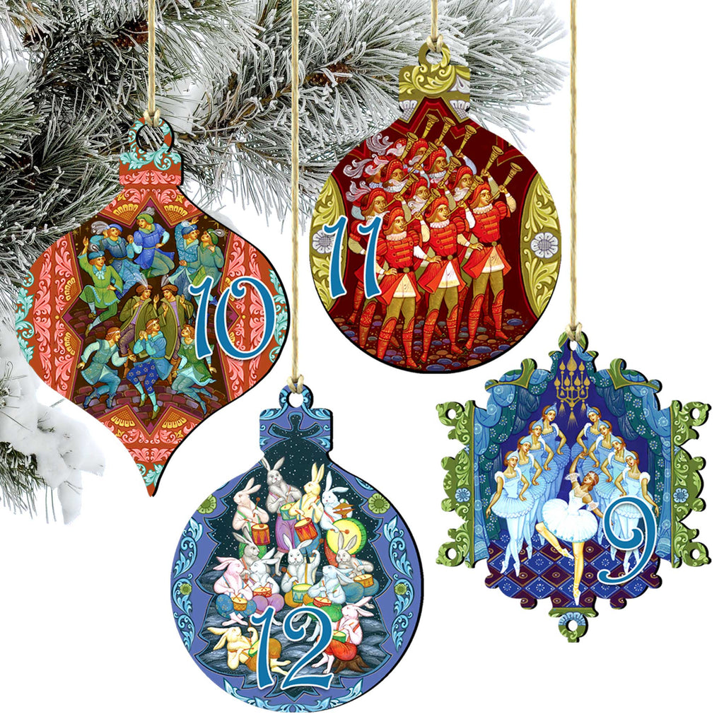 four ornate Christmas ornaments hanging from a tree branch. The ornaments are arranged in a row, each with a unique design and color scheme.