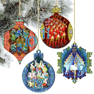 four ornate Christmas ornaments hanging from a tree branch. The ornaments are arranged in a row, each with a unique design and color scheme.