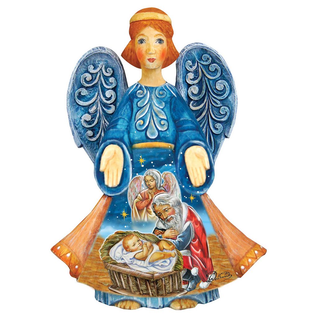 A hand-painted wooden angel figurine with a blue and gold color scheme, featuring a nativity scene with a baby in a manger and two angels.