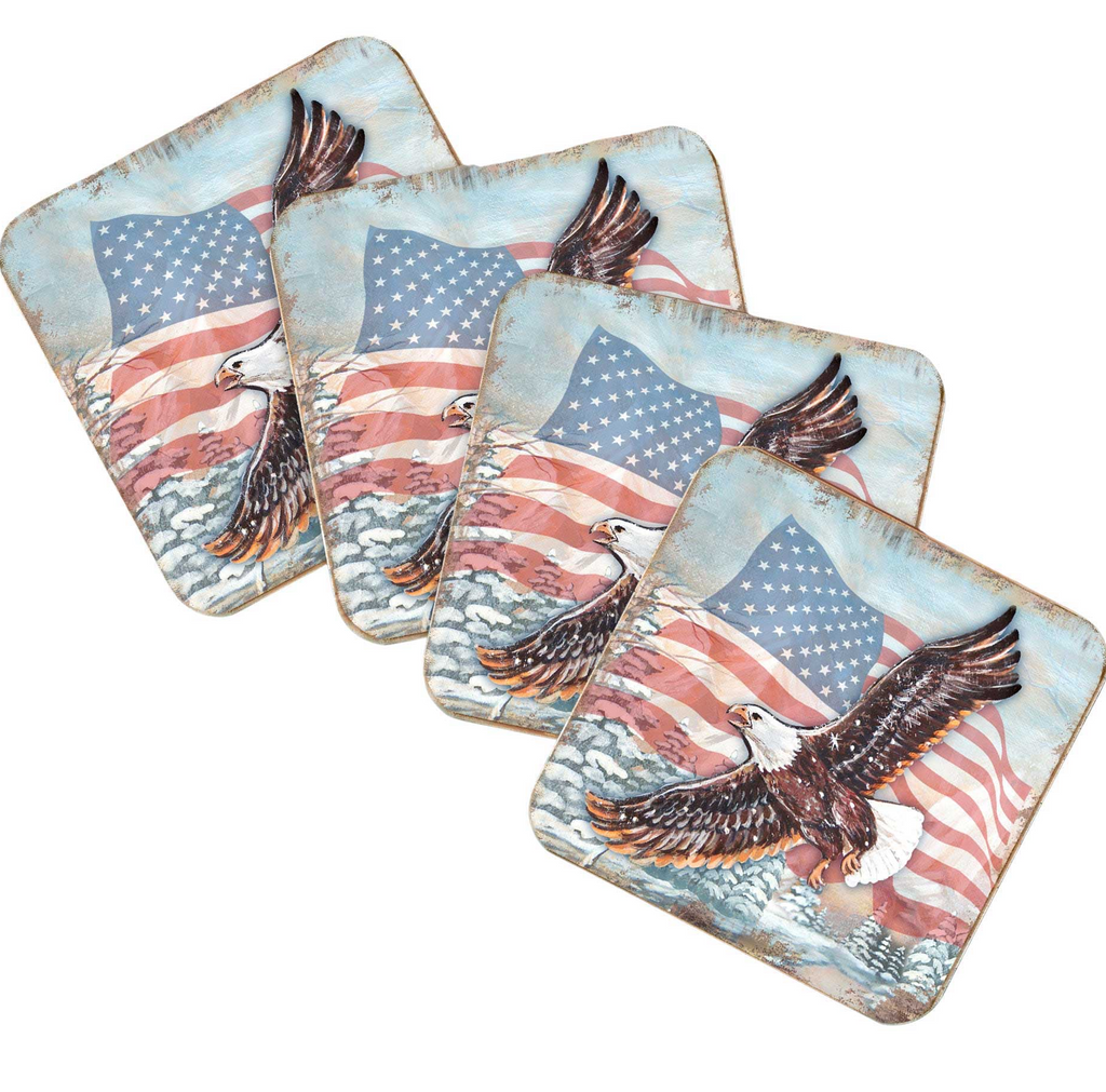 a collection of four square coasters, each featuring an eagle in flight against the backdrop of the American flag.