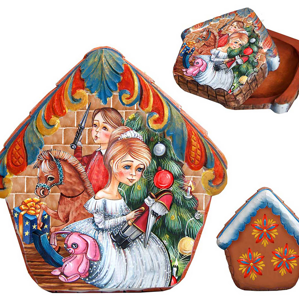 The image is a collage of three pictures featuring a woman in a white dress, a horse, and a Christmas tree.