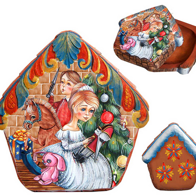 The image is a collage of three pictures featuring a woman in a white dress, a horse, and a Christmas tree.