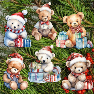 Christmas Teddy Bear Clip-On Eco Wood Decorative Ornaments Set of 6 by G. Debrekht - Christmas Decor - 8090011C-S6