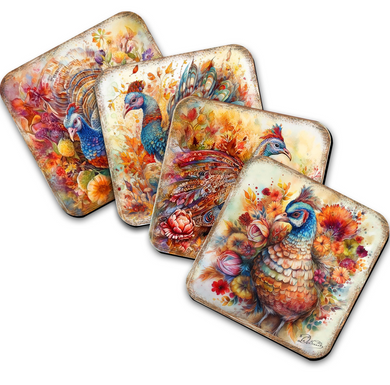 four square coasters with vibrant, colorful paintings of peacocks.