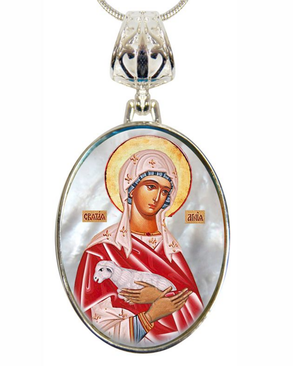 a necklace pendant with a religious icon of a woman, possibly representing the Virgin Mary, holding a lamb.