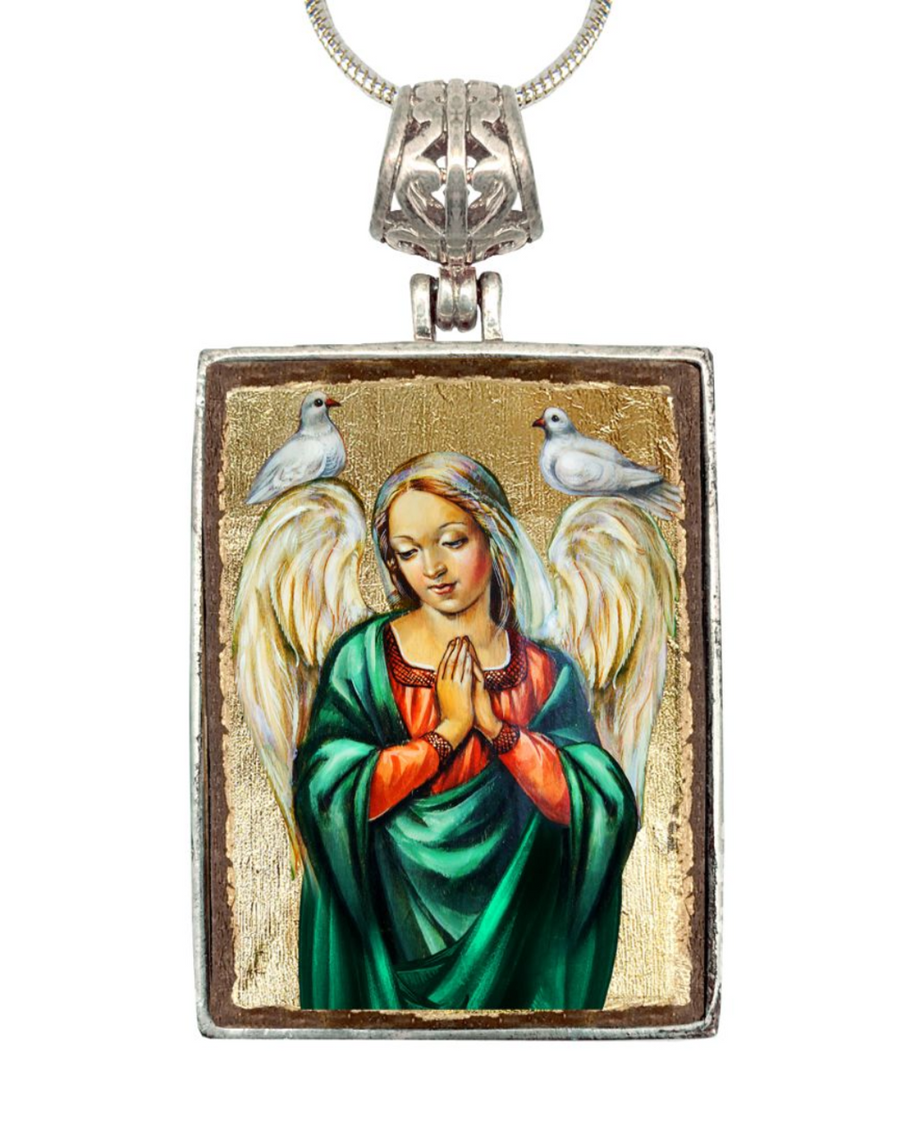 a pendant with a religious painting of a woman with wings, surrounded by two white birds.