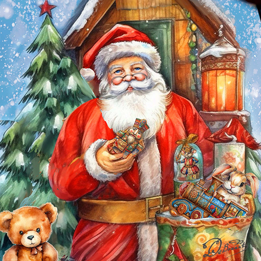 Jolly Santa Gifting Hand-Painted WOODCARVED Masterpiece Figurine by G. DeBrekht - Santa Snowman Christmas Decor - 215868