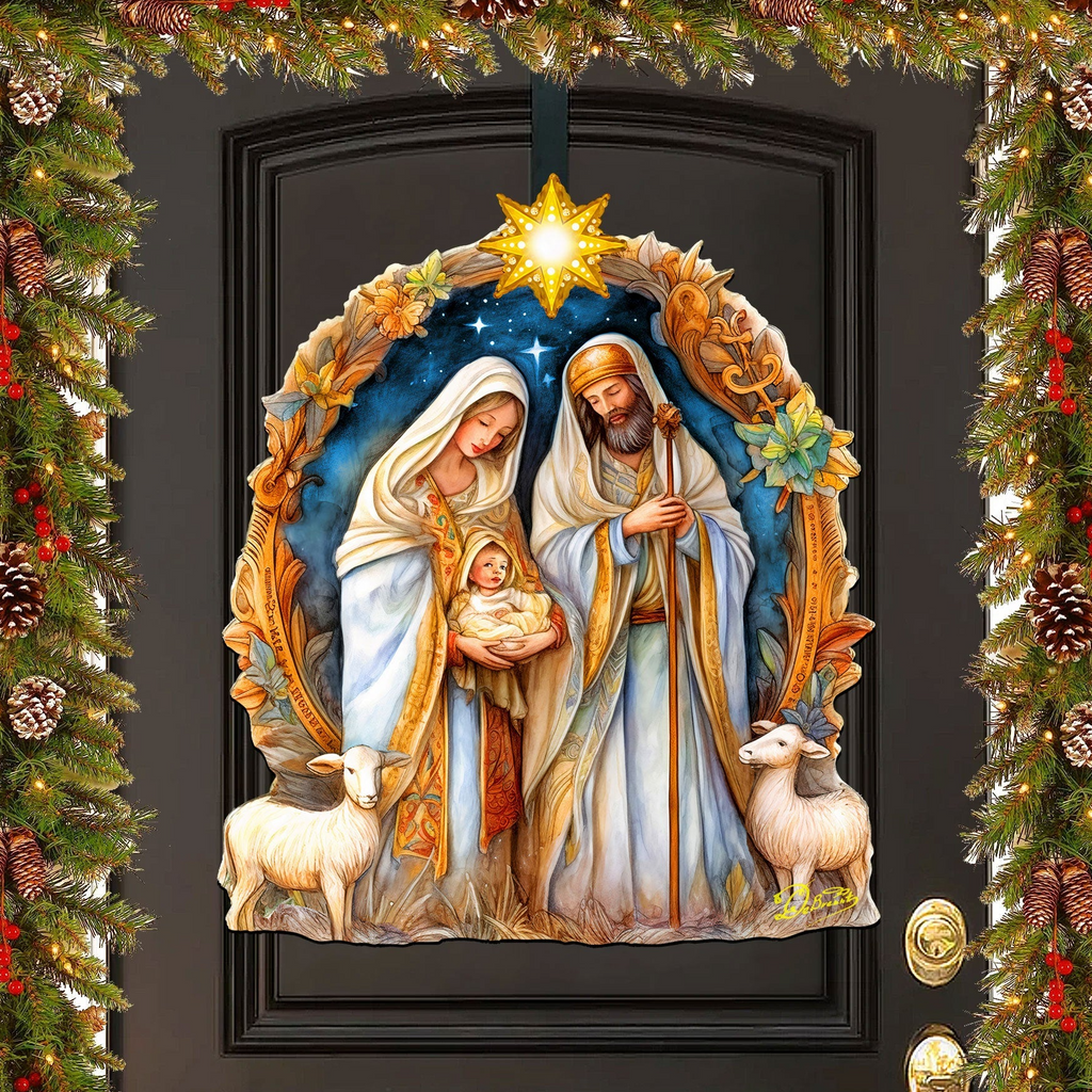 A detailed and ornate nativity scene depicting the Holy Family of Jesus, Mary, and Joseph, surrounded by animals and set against a starry night sky.