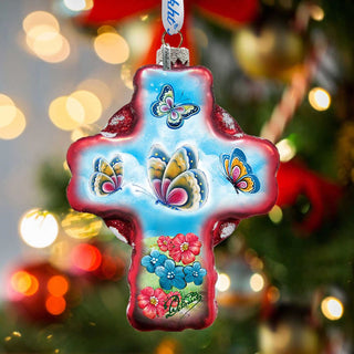 Butterflies Cross Red Glass Ornament by G. DeBrekht - Nativity Holiday Decor - 758-001R