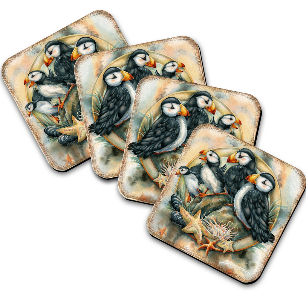 A set of four square coasters featuring illustrations of puffins, a type of seabird, along with various sea creatures such as starfish and seashells.