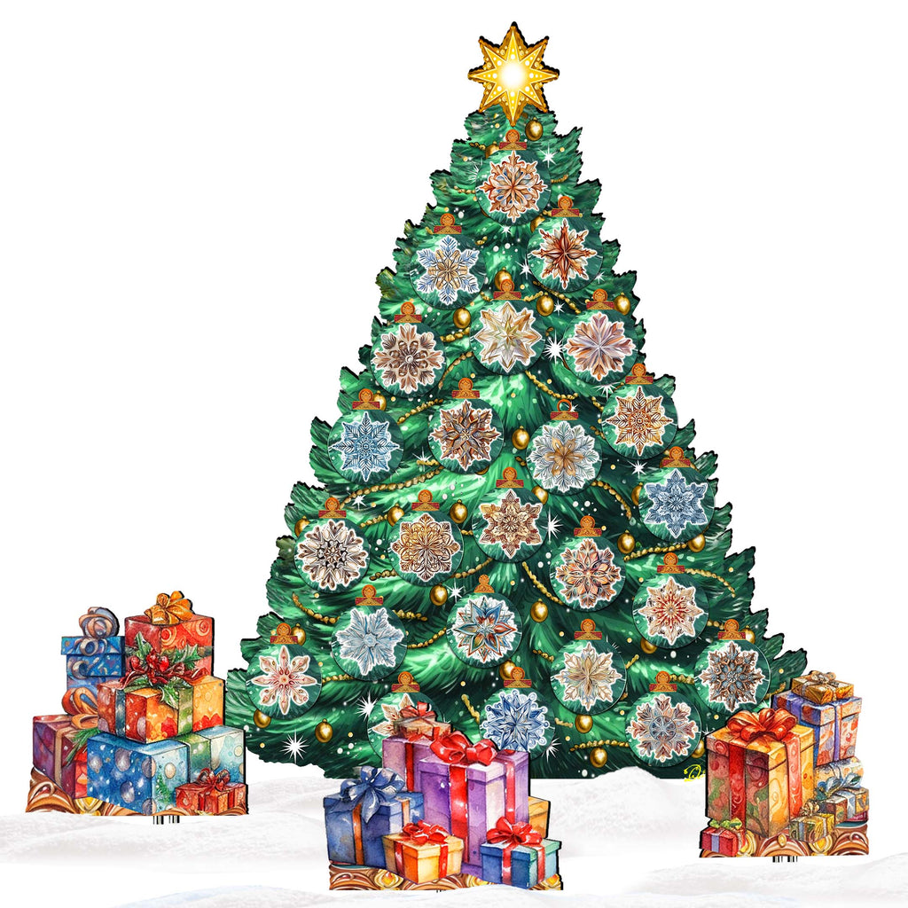 A large, colorful Christmas tree adorned with various ornaments and surrounded by a multitude of wrapped gifts, creating a festive and joyful atmosphere.