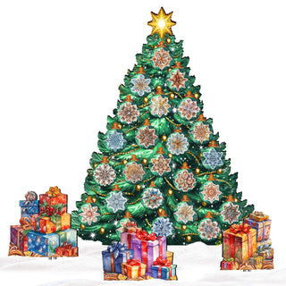 A large, colorful Christmas tree adorned with various ornaments and surrounded by a multitude of wrapped gifts, creating a festive and joyful atmosphere.