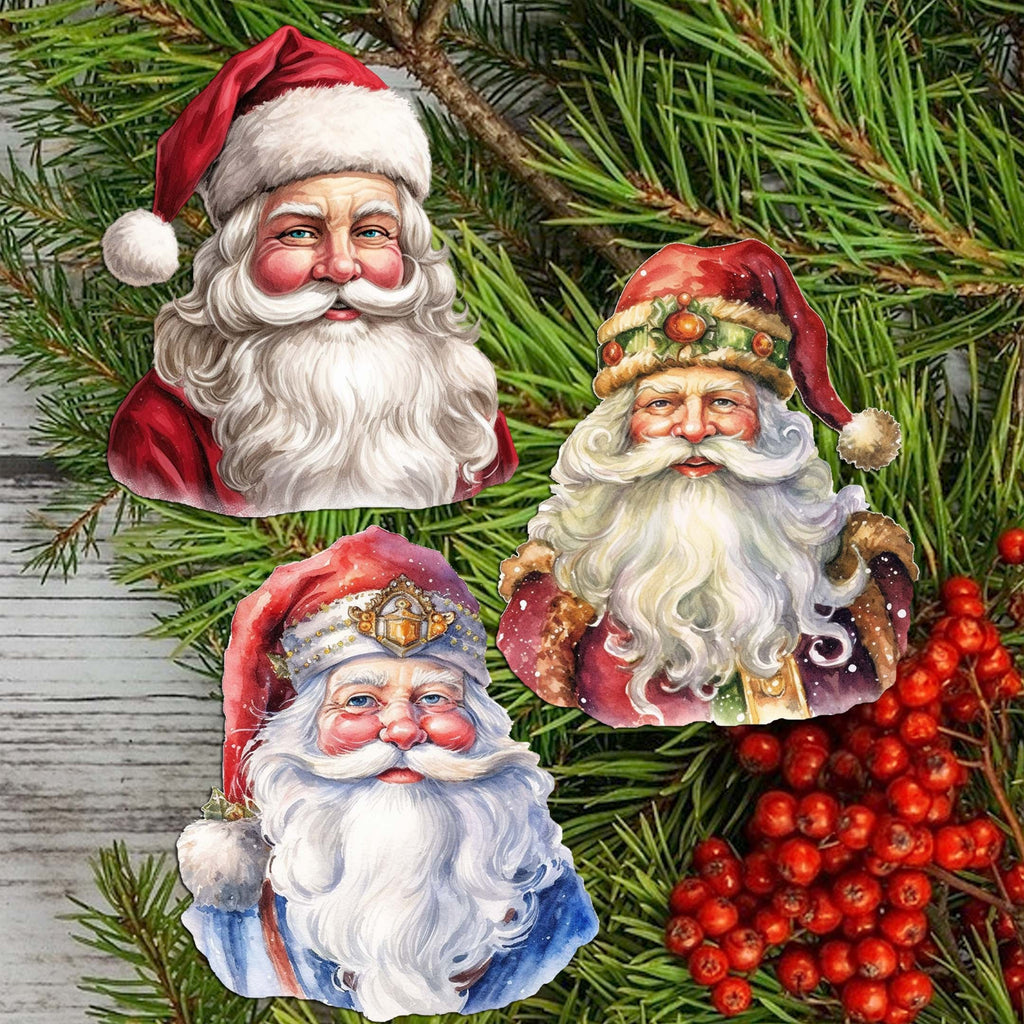 Jolly Santa Faces Clip-On Eco Wood Decorative Ornaments Set of 3 by G. Debrekht - Christmas Decor - 8091045C-S3