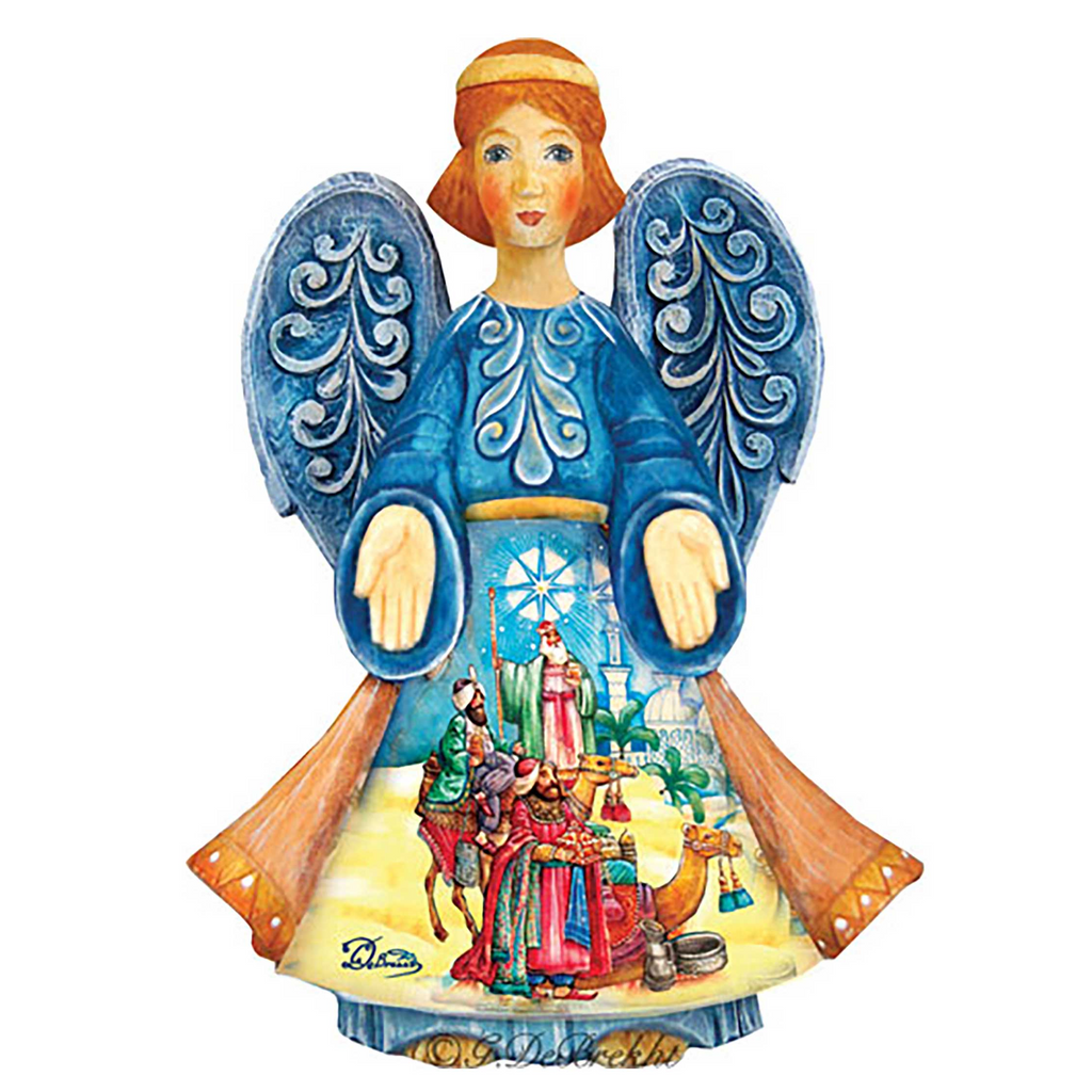 A colorful, hand-painted figurine of an angel with wings, featuring intricate designs and patterns.