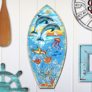 Sea Creatures Surfing Board Door Decor by G. DeBrekht - Coastal Holiday Decor - 8198522-3H