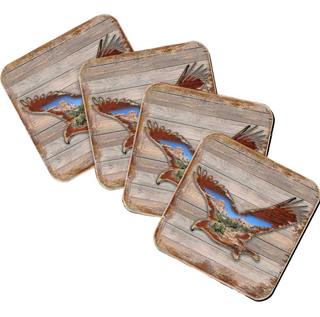 a collection of four square coasters, each featuring a wooden texture and an eagle design.
