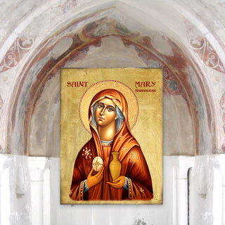 a religious icon of St. Mary of the Flower, a prominent figure in Christian iconography.