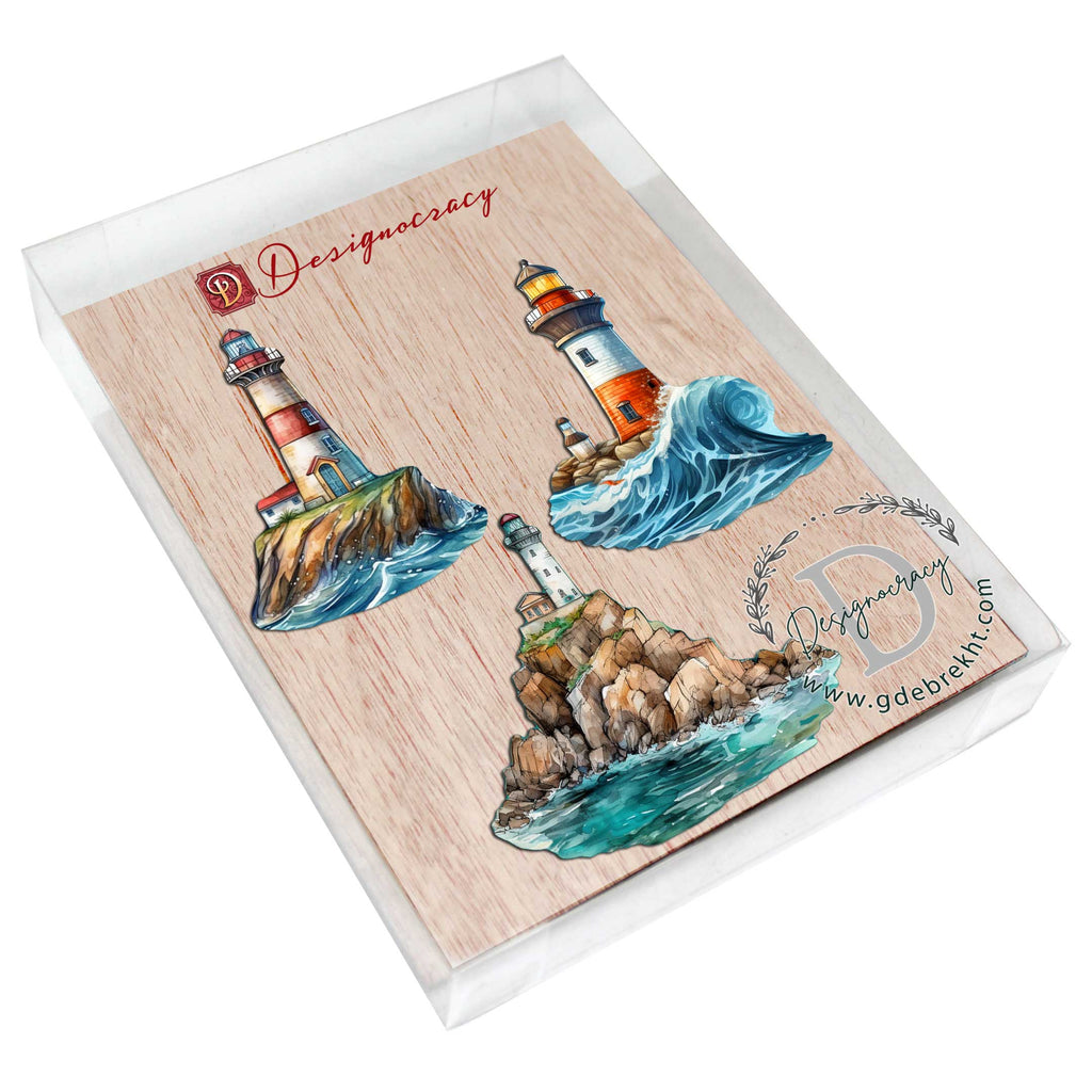 Lighthouse Decorative Eco Wood Ornaments Set of 3 by G. Debrekht - Coastal Decor - 8091022-S3
