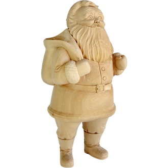 A wooden sculpture of Santa Claus, with a detailed and intricate design, is shown against a black background.