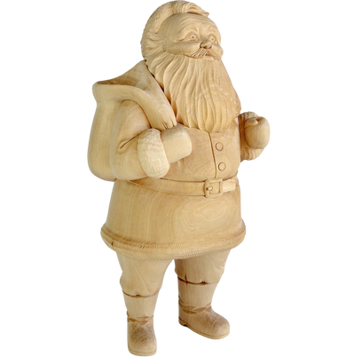 A wooden sculpture of Santa Claus, with a detailed and intricate design, is shown against a black background.