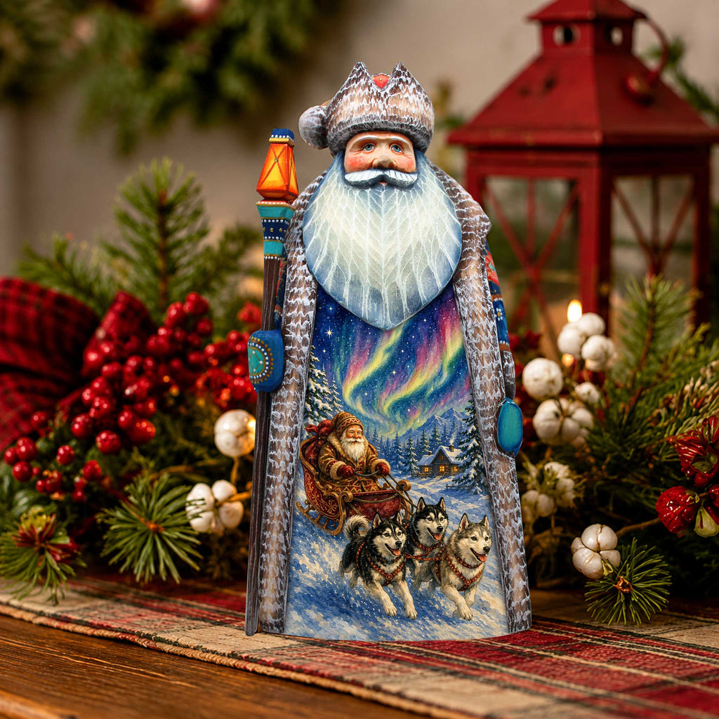 Alaska Northern Lights Santa with Sled Dogs Handcrafted Wooden Figurine- Christmas Decoration by G. Debrekht – 210241