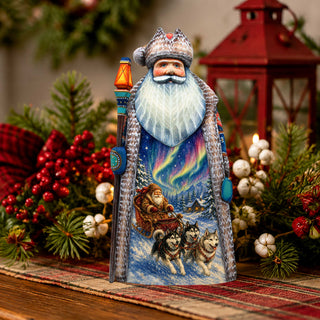 Alaska Northern Lights Santa with Sled Dogs Handcrafted Wooden Figurine- Christmas Decoration by G. Debrekht – 210241